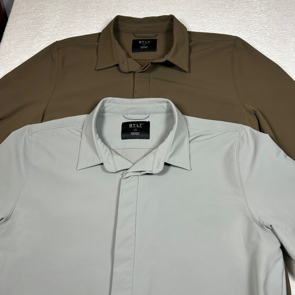 BYLT Premium Basics Shirt Jacket Lot of 2 Hidden Button Mens L Grey Fawn Brown
